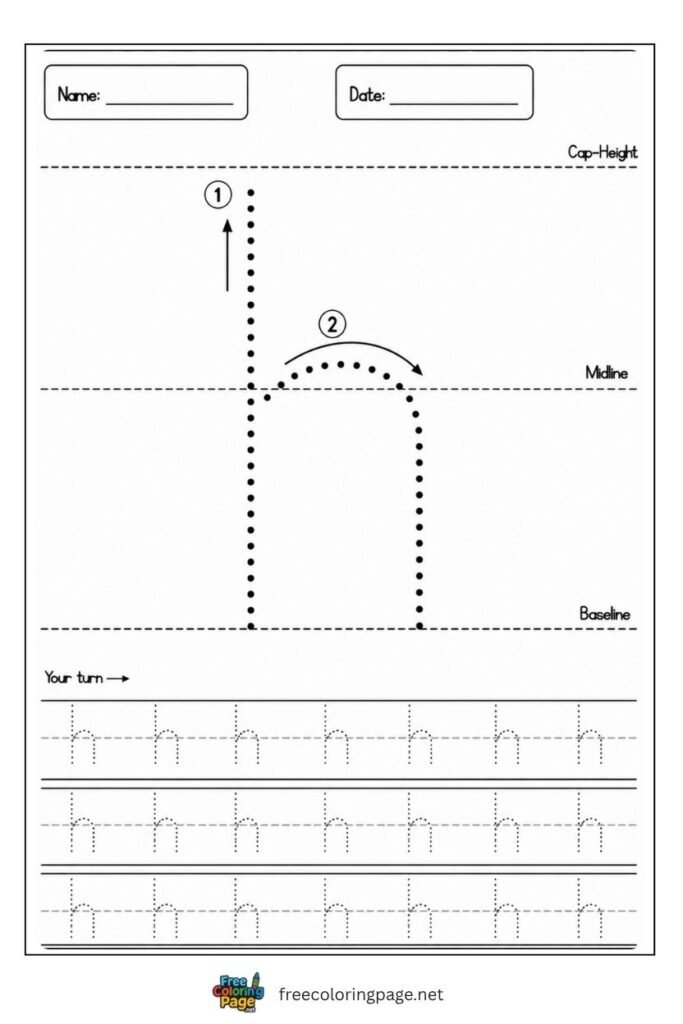 Letter h lowercase tracing worksheet with dotted outline free printable for preschool and kindergarten