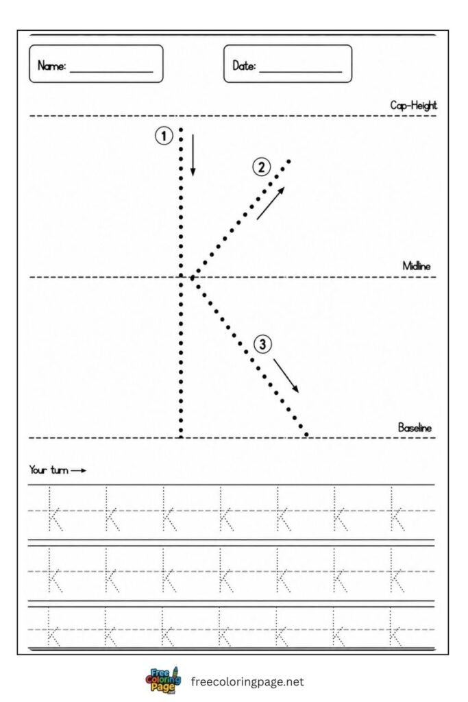 Letter k lowercase tracing worksheet with dotted outline free printable for preschool and kindergarten