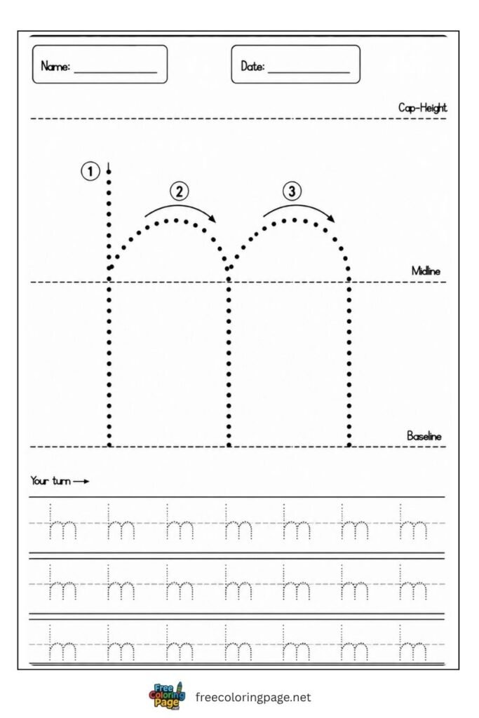Letter m lowercase tracing worksheet with dotted outline free printable for preschool and kindergarten