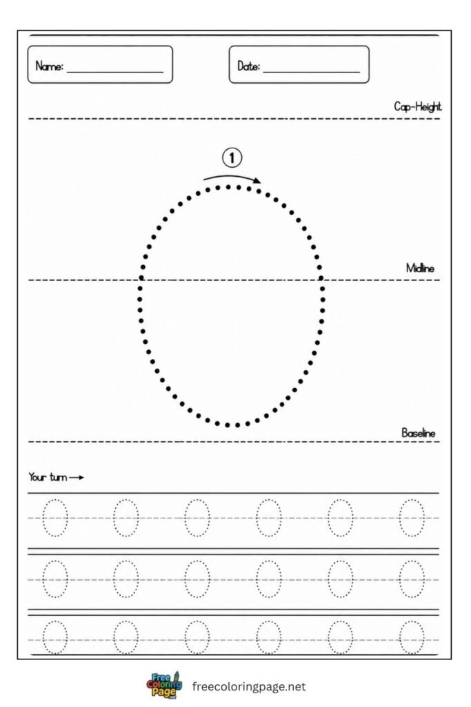 Letter o lowercase tracing worksheet with dotted outline free printable for preschool and kindergarten