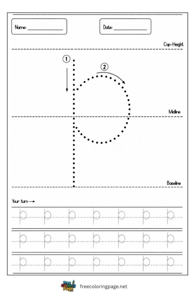 Letter p lowercase tracing worksheet with dotted outline free printable for preschool and kindergarten