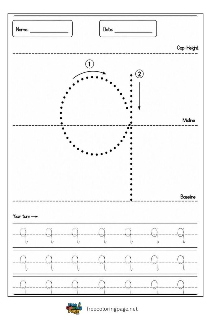 Letter q lowercase tracing worksheet with dotted outline free printable for preschool and kindergarten