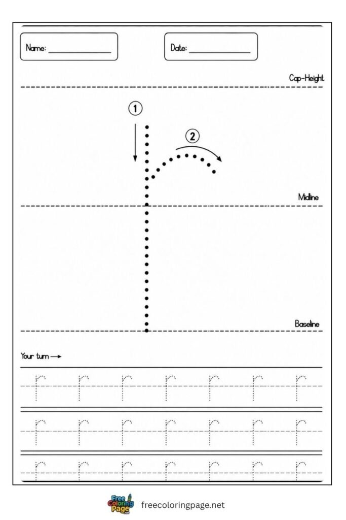 Letter r lowercase tracing worksheet with dotted outline free printable for preschool and kindergarten