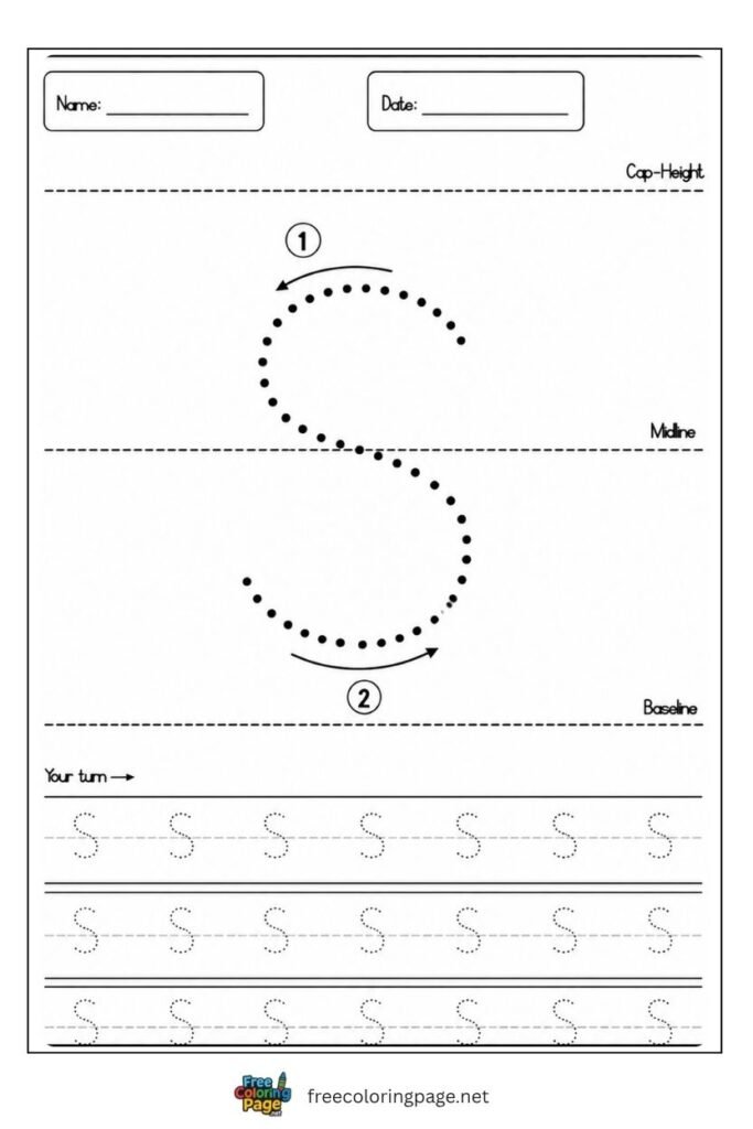Letter s lowercase tracing worksheet with dotted outline free printable for preschool and kindergarten