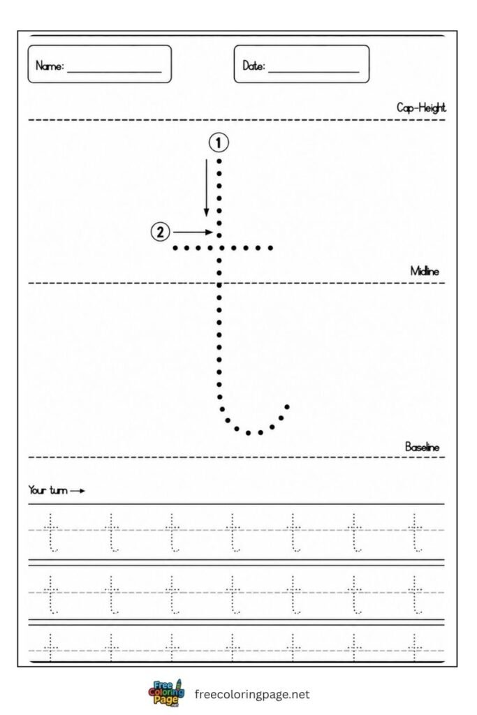 Letter t lowercase tracing worksheet with dotted outline free printable for preschool and kindergarten