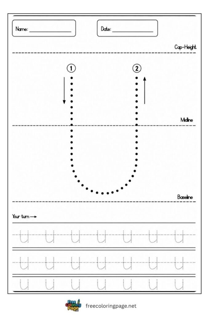 Letter u lowercase tracing worksheet with dotted outline free printable for preschool and kindergarten