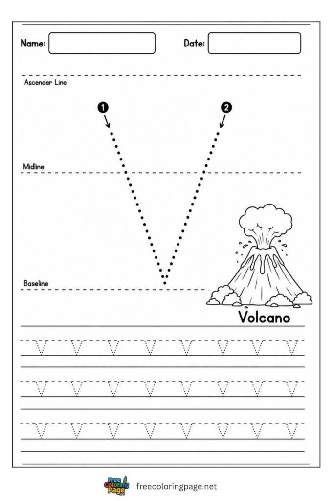 Letter v lowercase tracing worksheet with dotted outline and Volcano illustration, free printable for preschool and kindergarten