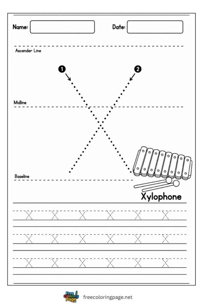 Letter x lowercase tracing worksheet with dotted outline and Xylophone illustration, free printable for preschool and kindergarten