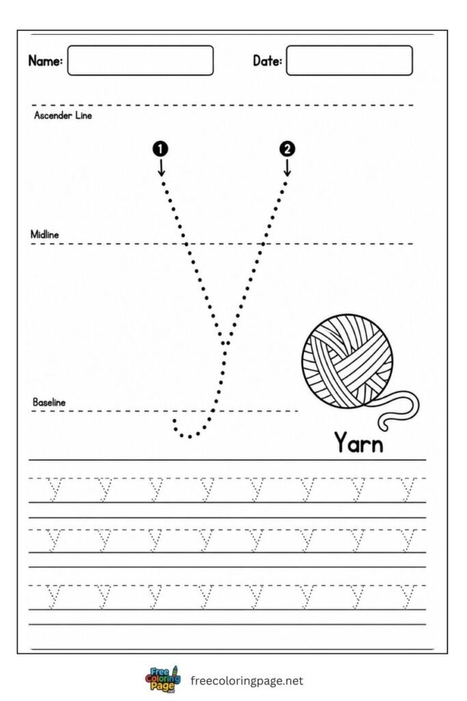 Letter y lowercase tracing worksheet with dotted outline and Yarn illustration, free printable for preschool and kindergarten