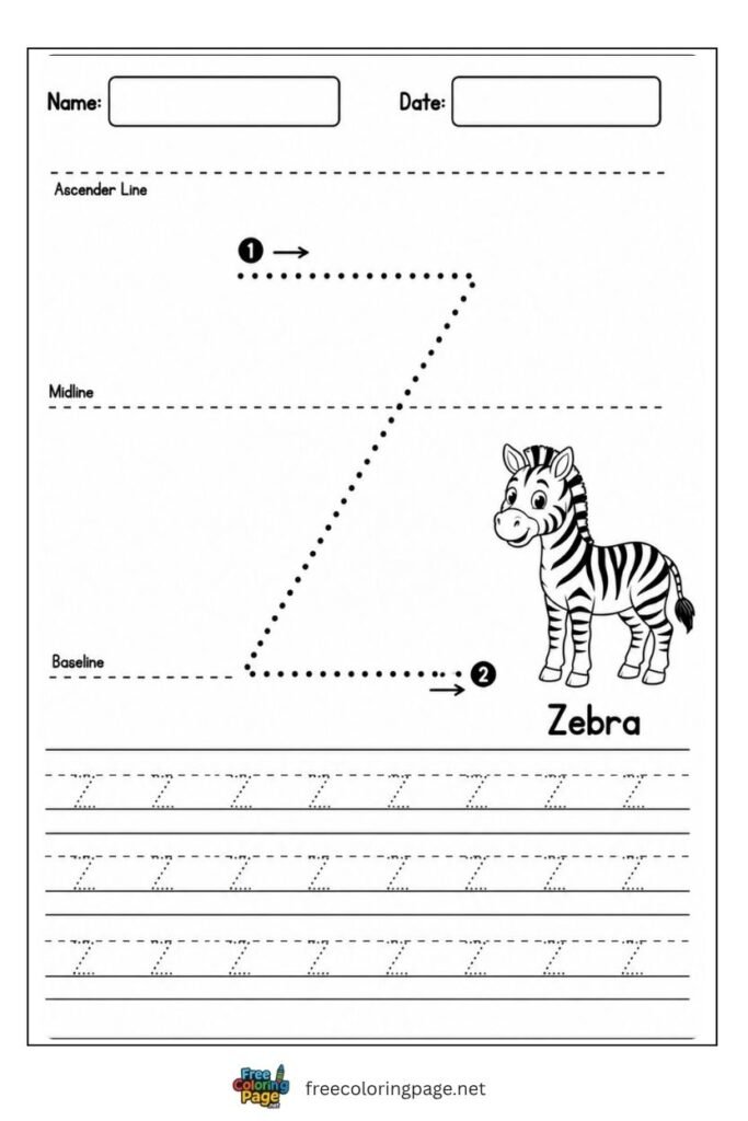 Letter z lowercase tracing worksheet with dotted outline and Zebra illustration, free printable for preschool and kindergarten