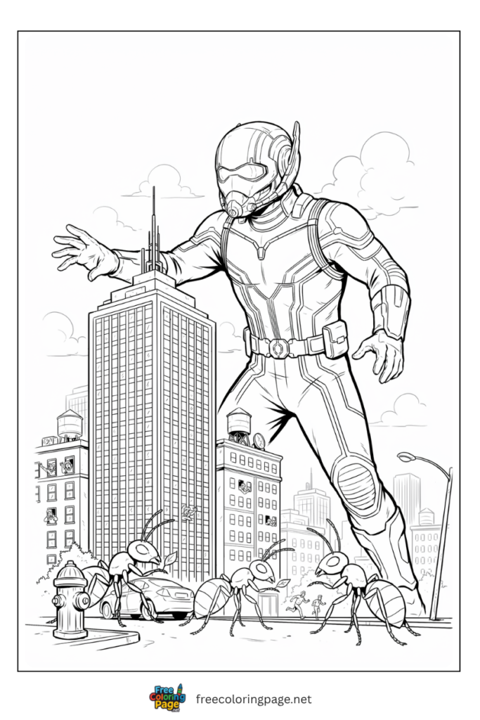 Ant-Man giant size coloring page towering over city buildings with hand reaching toward skyscraper, 