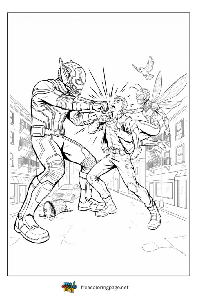 Ant-Man and Wasp size play coloring page showing giant Ant-Man and insect-sized Wasp fighting same enemy, 
