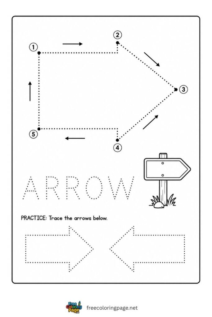 Arrow shape tracing worksheet with direction sign illustration, free printable
