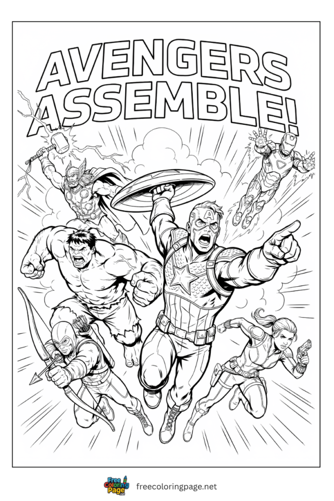 Avengers Assemble battle cry coloring page with Captain America shouting and all heroes charging forward, free printable