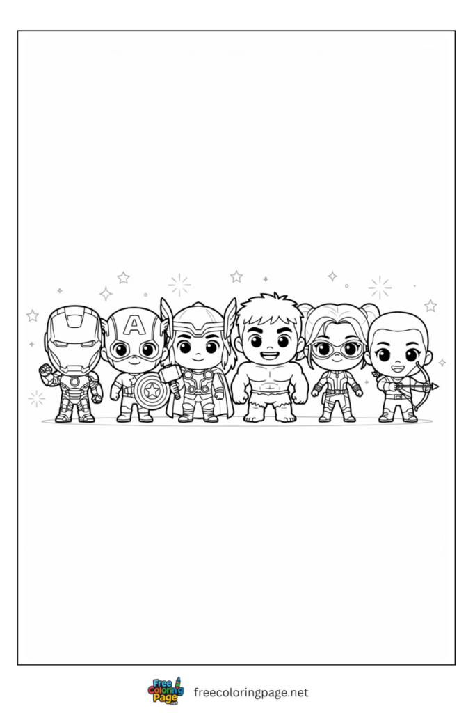 Chibi Avengers coloring page with all six original heroes in cute super-deformed style for kids, 