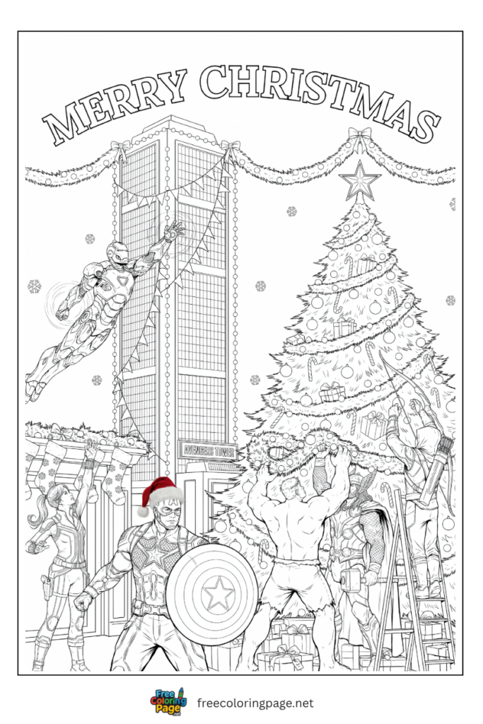 Avengers Christmas party coloring page with Iron Man hanging lights Thor decorating tree and Cap in Santa hat, 