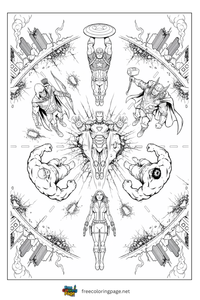 Avengers circle formation aerial view coloring page with original six facing outward and Iron Man hovering center, free printable