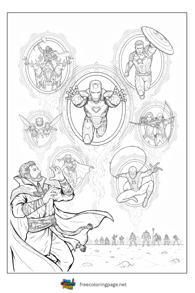 Avengers Endgame portal scene coloring page with multiple sling ring portals and heroes pouring through, free printable