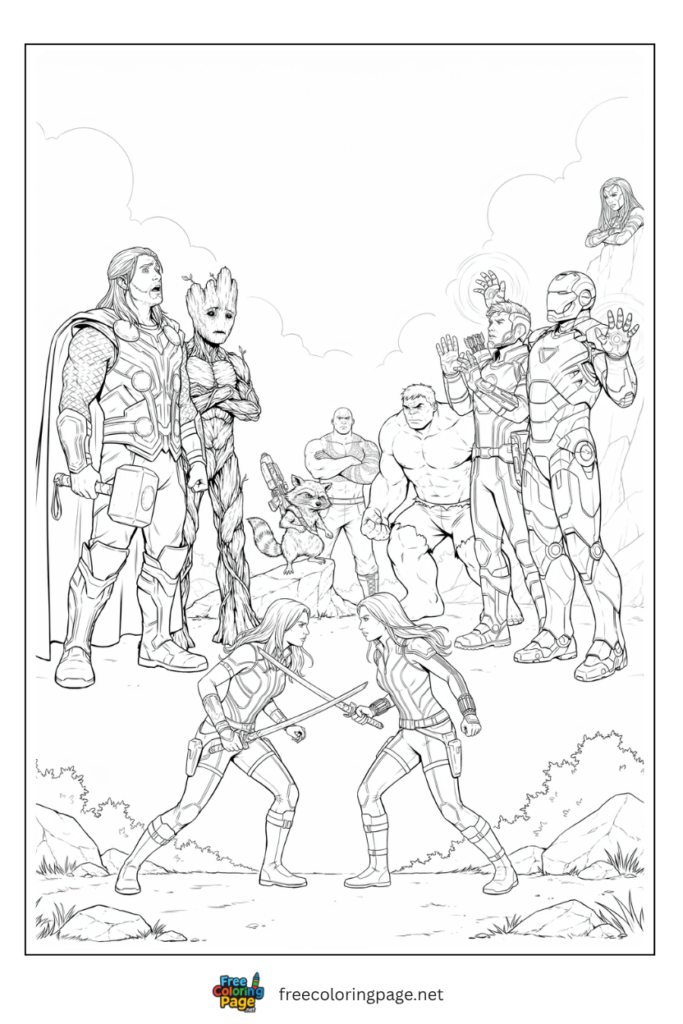 Avengers and Guardians first meeting coloring page with Thor Groot standoff and Rocket vs Hulk, free printable