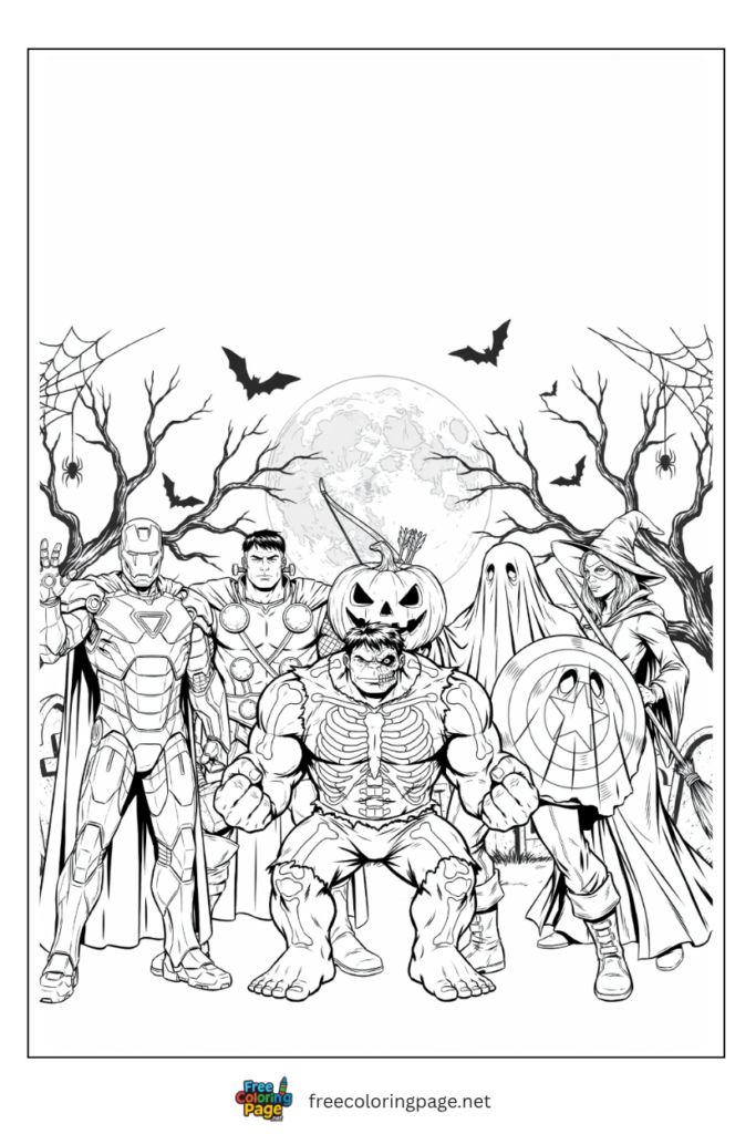 Avengers Halloween costumes coloring page with Iron Man vampire Thor Frankenstein and Hulk skeleton, 