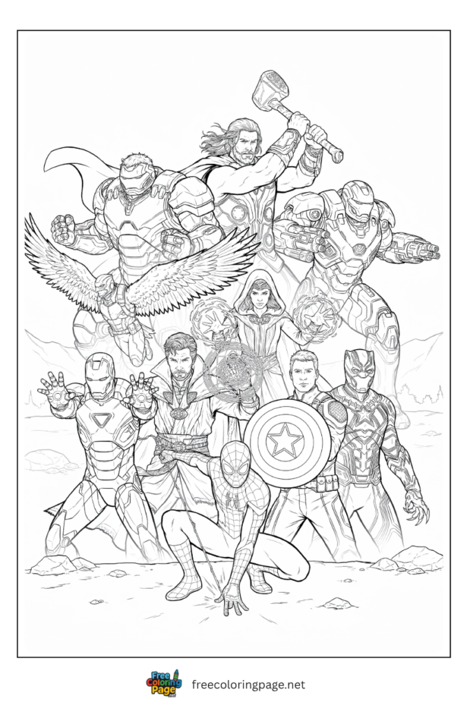 Avengers Infinity War lineup coloring page with Iron Man Doctor Strange Cap Black Panther Thor and more charging, free printable