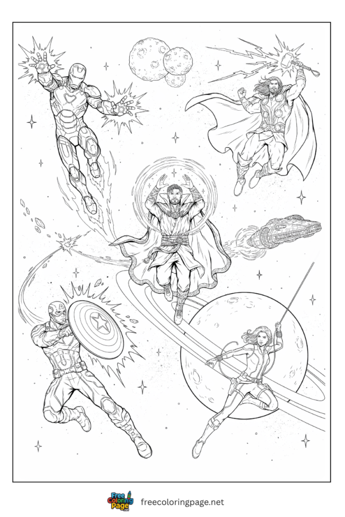 Avengers space battle coloring page with Iron Man boosters Thor lightning and Doctor Strange portals among stars,