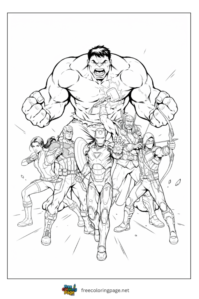 Original six Avengers team assembled coloring page with Iron Man Cap Thor Hulk Black Widow and Hawkeye, free printable
