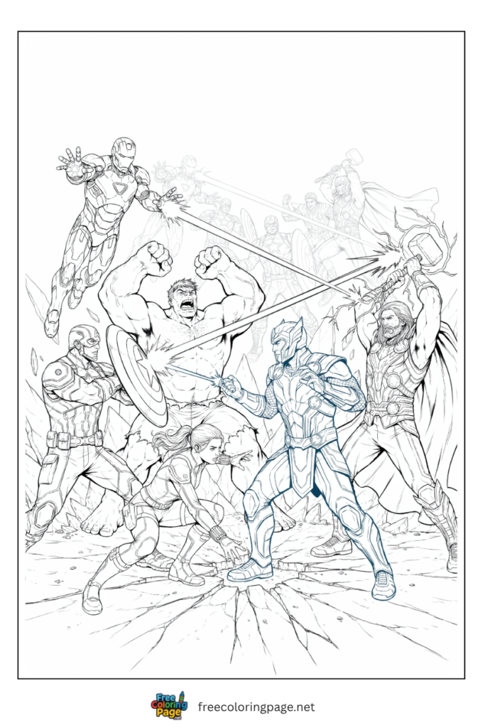 Avengers vs Kang the Conqueror coloring page with chronological energy weapons and time-displaced heroes, 
