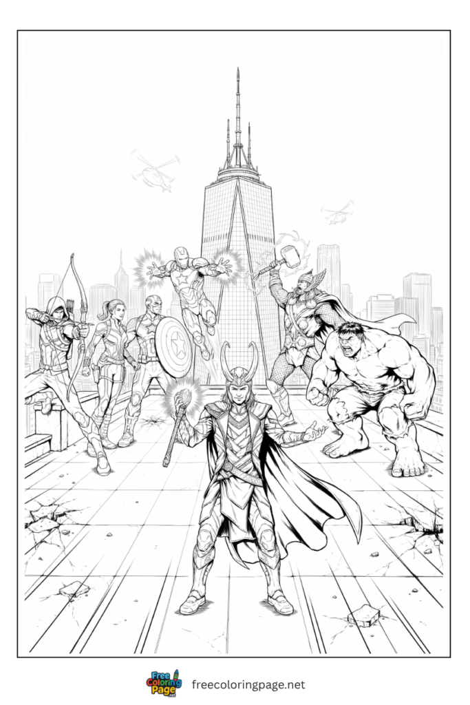Avengers vs Loki at Stark Tower coloring page with original six facing horned helmet Loki, 