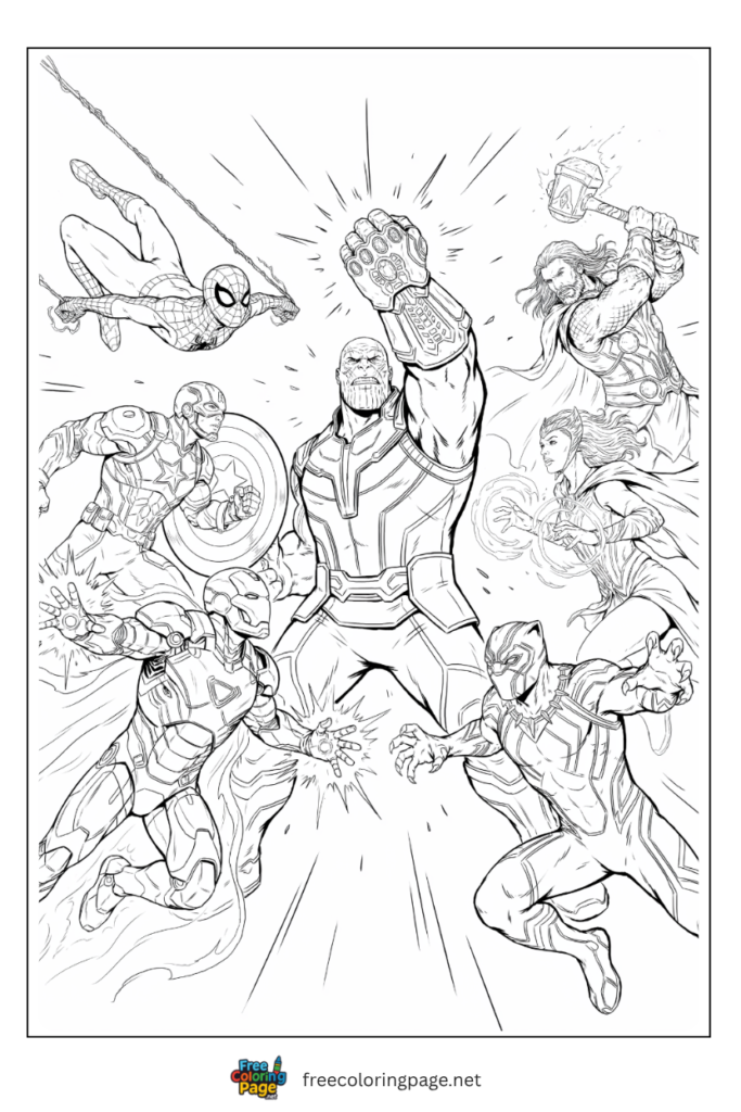 Avengers vs Thanos Infinity Gauntlet coloring page with all six infinity stones and Avengers charging from all sides,