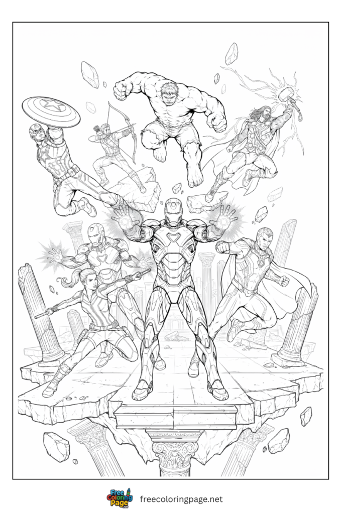 Avengers vs Ultron drone army coloring page with prime Ultron and heroes fighting through identical drone bodies, 