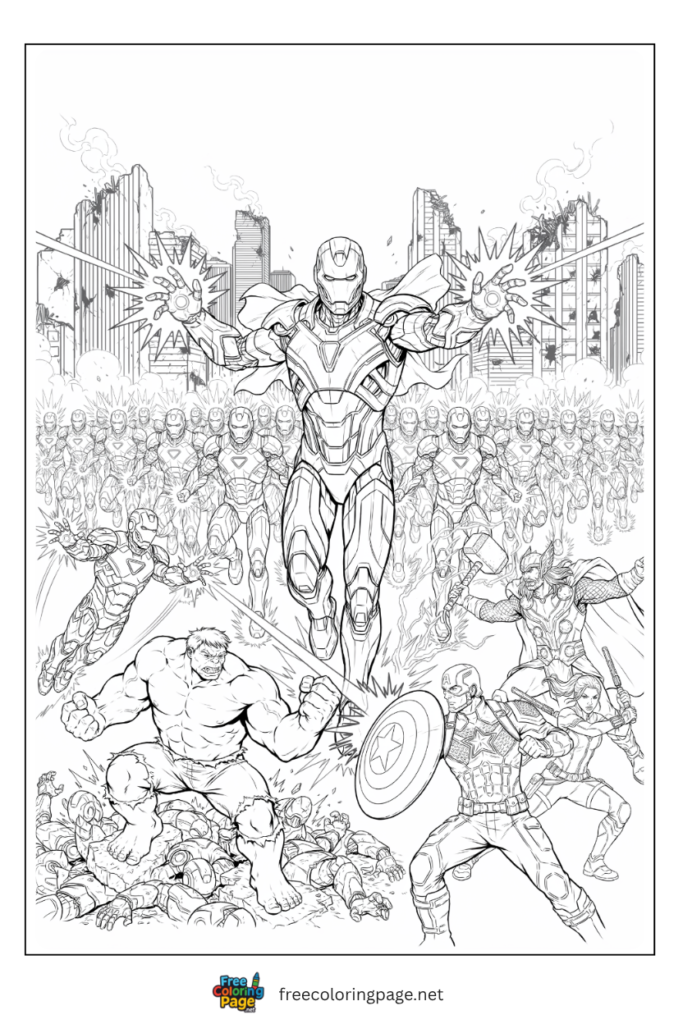 Avengers vs Ultron Prime vibranium body coloring page with Iron Man Vision flanking on Sokovia platform, 