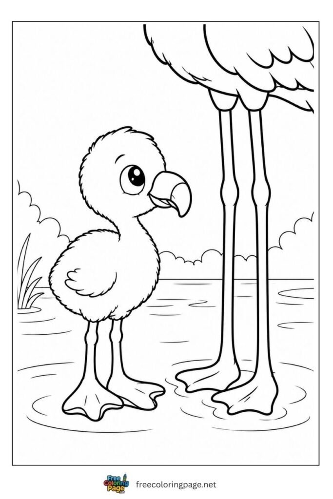 Baby flamingo with parent coloring page