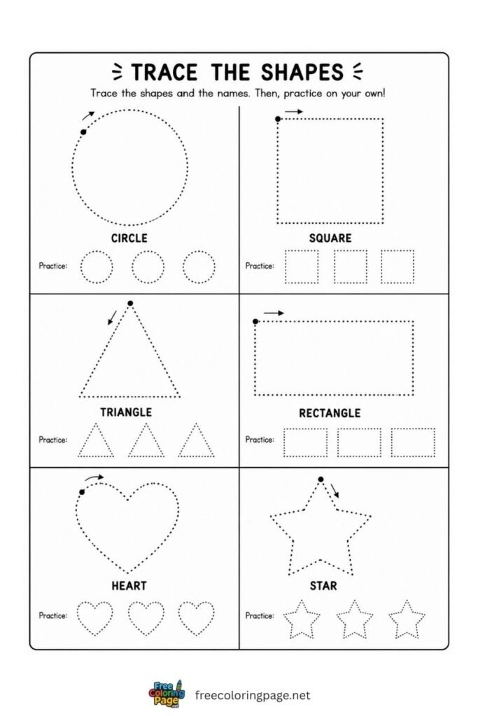 Basic shapes tracing worksheet with circle square triangle rectangle heart star on one page, free printable