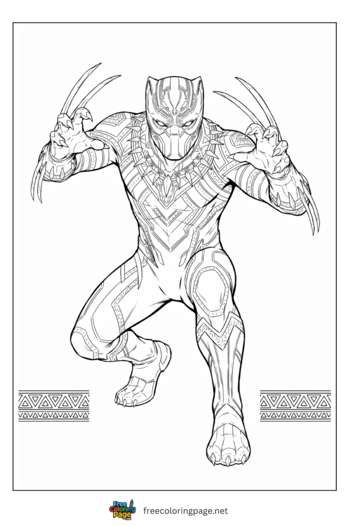 Black Panther vibranium claws coloring page with Wakandan suit pattern panther mask and energy channels,