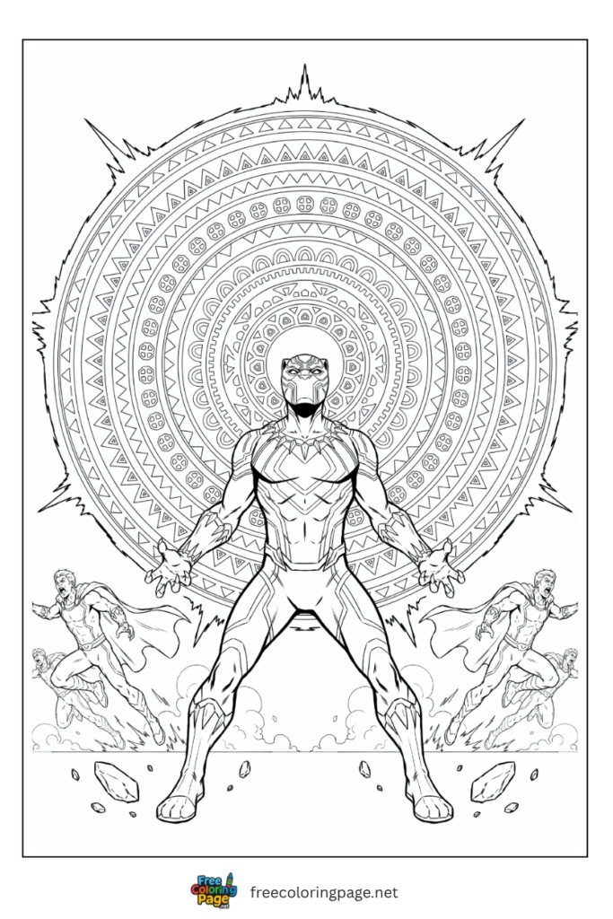 Black Panther kinetic energy release coloring page with vibranium suit energy wave and attackers thrown back, 