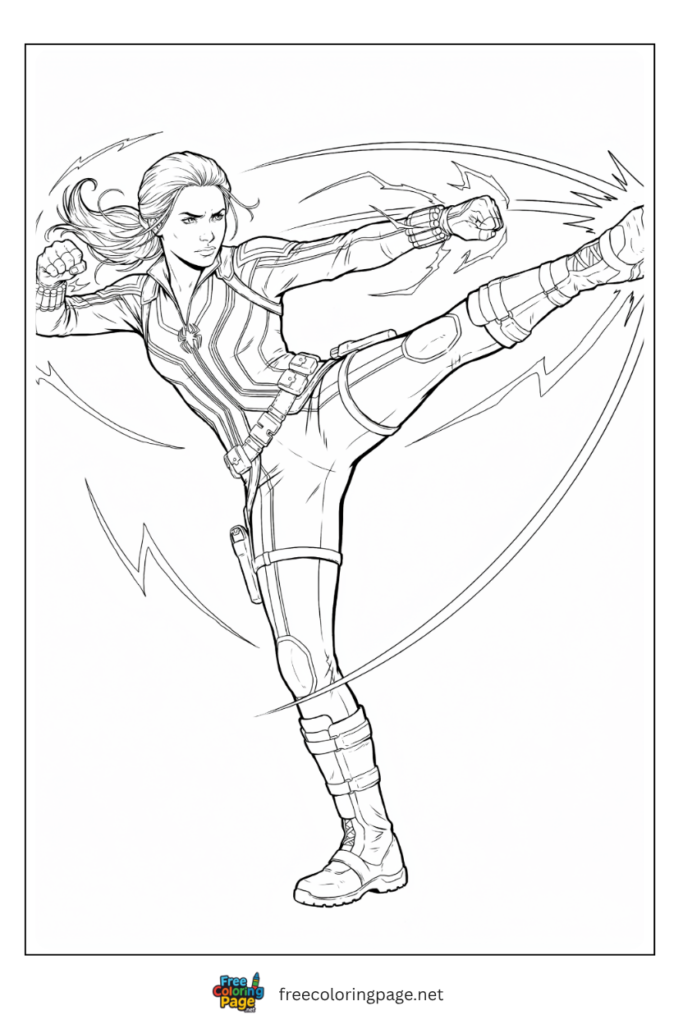 Black Widow spinning kick coloring page with Widow's Bite stingers and tactical suit, free printable