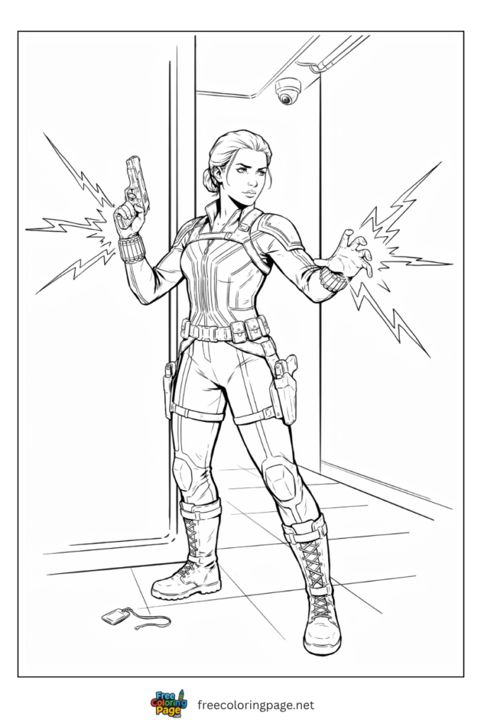 Black Widow spy infiltration coloring page with tactical suit Widow's Bite and silent movement through shadows, 