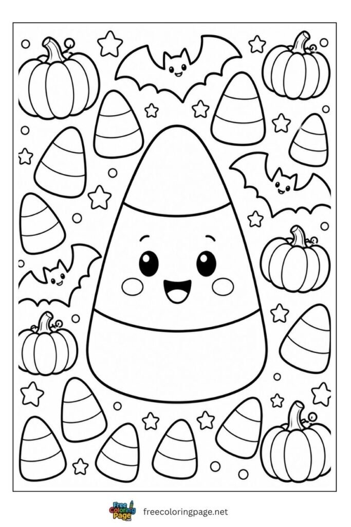 Halloween candy corn coloring page with cute smiling face surrounded by small candy corn pieces and pumpkins
