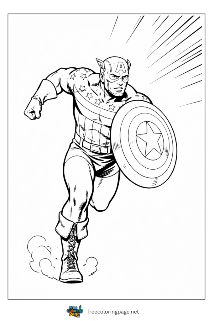 Captain America WWII uniform coloring page with original A-wing helmet stripe shield and wartime charge, 