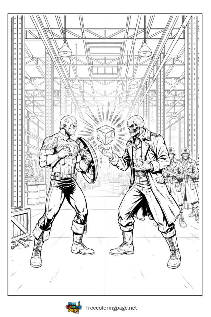 Captain America vs Red Skull WWII coloring page with Tesseract skull face and HYDRA soldiers, 