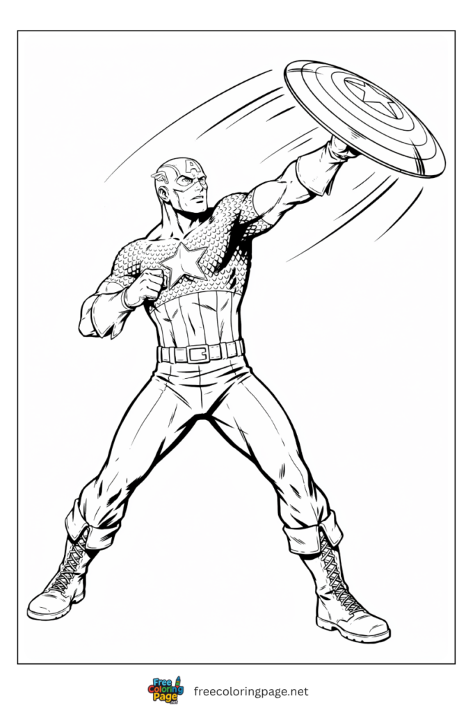 Captain America shield throw coloring page with spinning vibranium shield release and chain mail costume, free printable