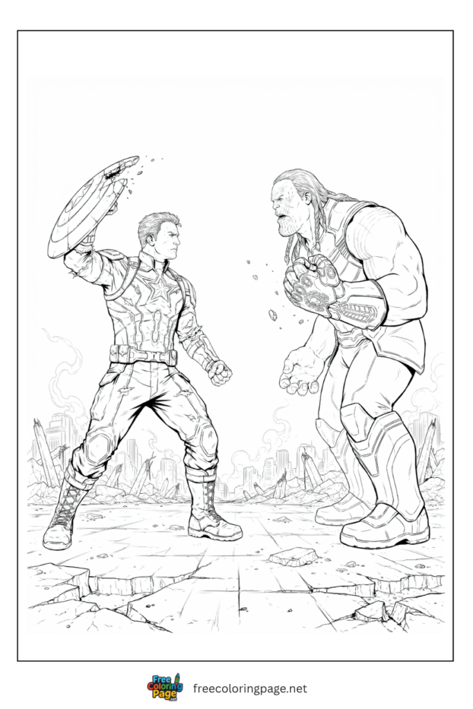 Captain America alone vs Thanos coloring page with broken shield on Endgame battlefield, 