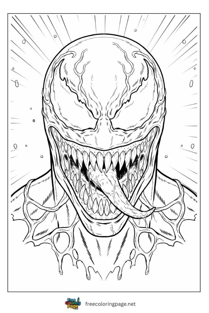 Highly detailed Carnage portrait adult coloring page with intricate symbiote texture teeth and vein detail, free printable