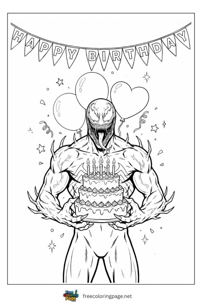 Carnage with birthday cake celebration coloring page