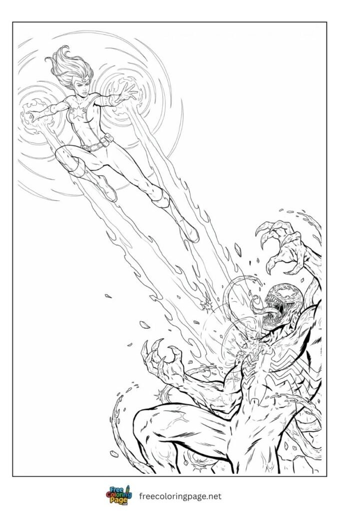 Carnage and Black Cat fight scene coloring page with black cat dodging symbiote tendrils in acrobatic flip, free printable