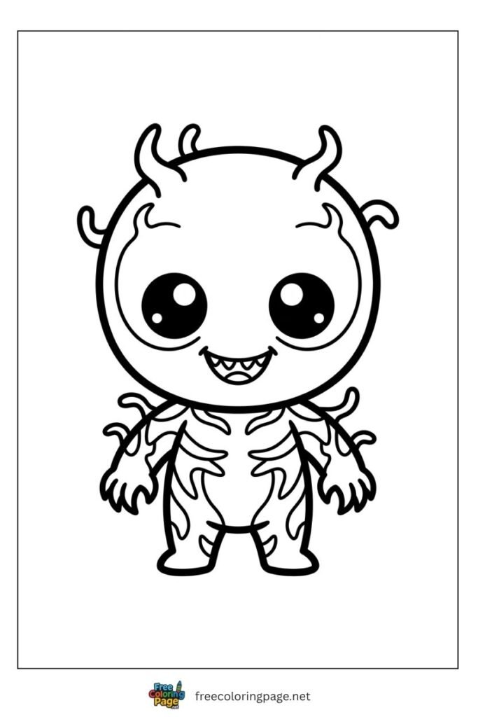 Cute chibi Carnage coloring page with round head tiny body and wide grin for kids