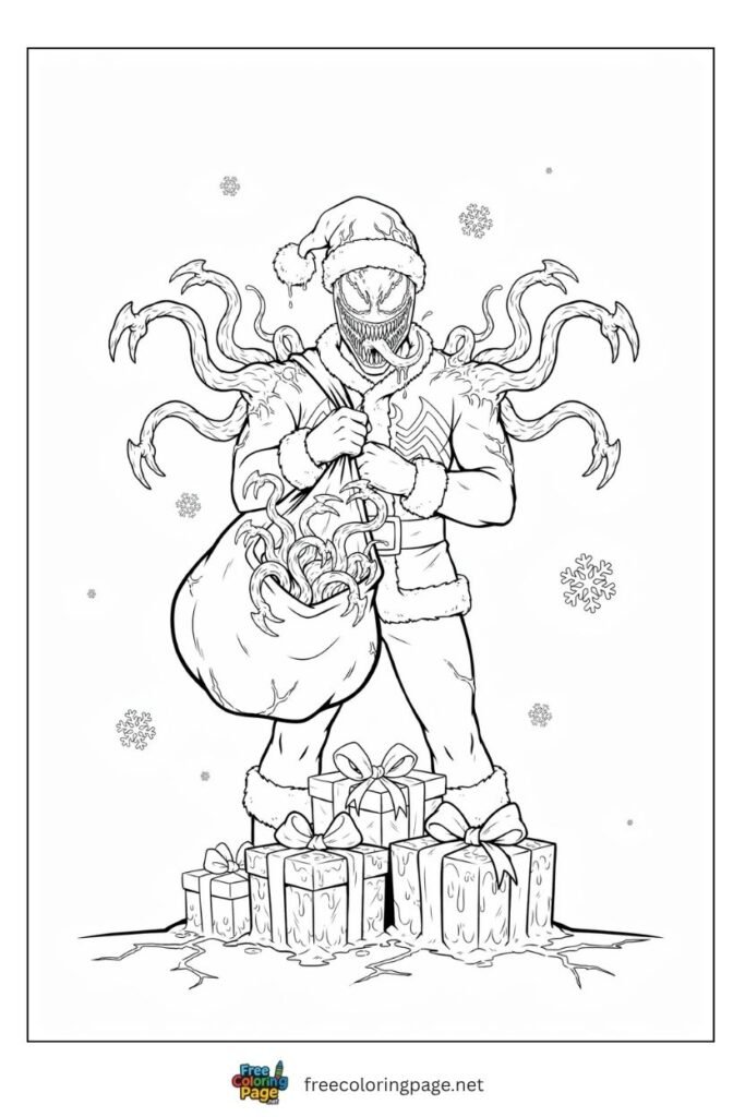 Christmas Carnage Santa coloring page with symbiote tendrils replacing reindeer and Santa hat with symbiote texture