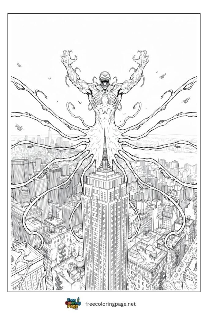 Carnage city takeover coloring page with symbiote tendrils spreading across New York rooftops from skyscraper, free printable