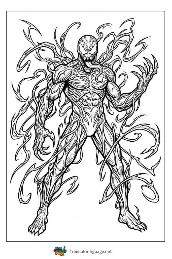 Carnage coloring page standing with red symbiote tendrils jagged teeth and hollow white eyes, free printable
